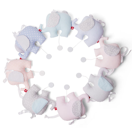 Ring of Musical Toy Elli elephants in pink, blue, grey and lilac with their pull cords