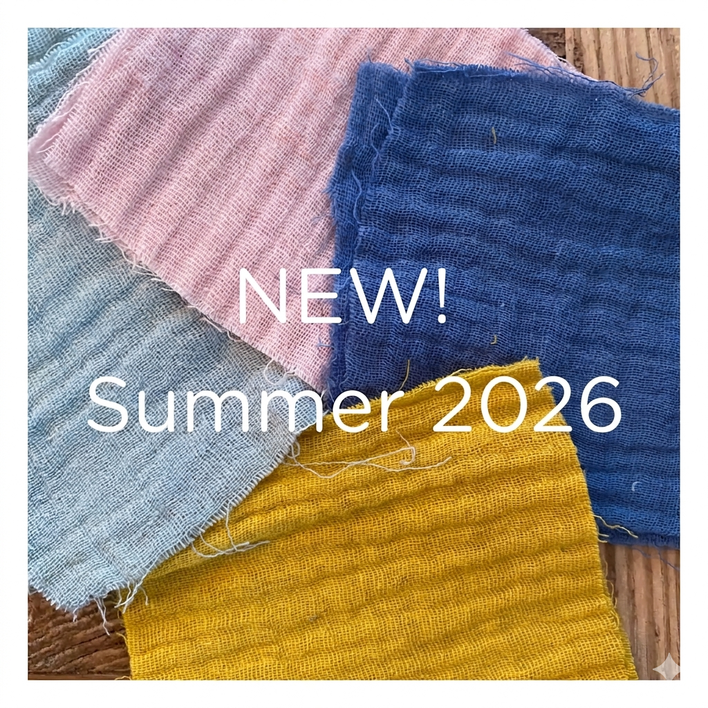 Summer 2026 fabric swatches in pink, pale blue, mustard and denim cotton muslin